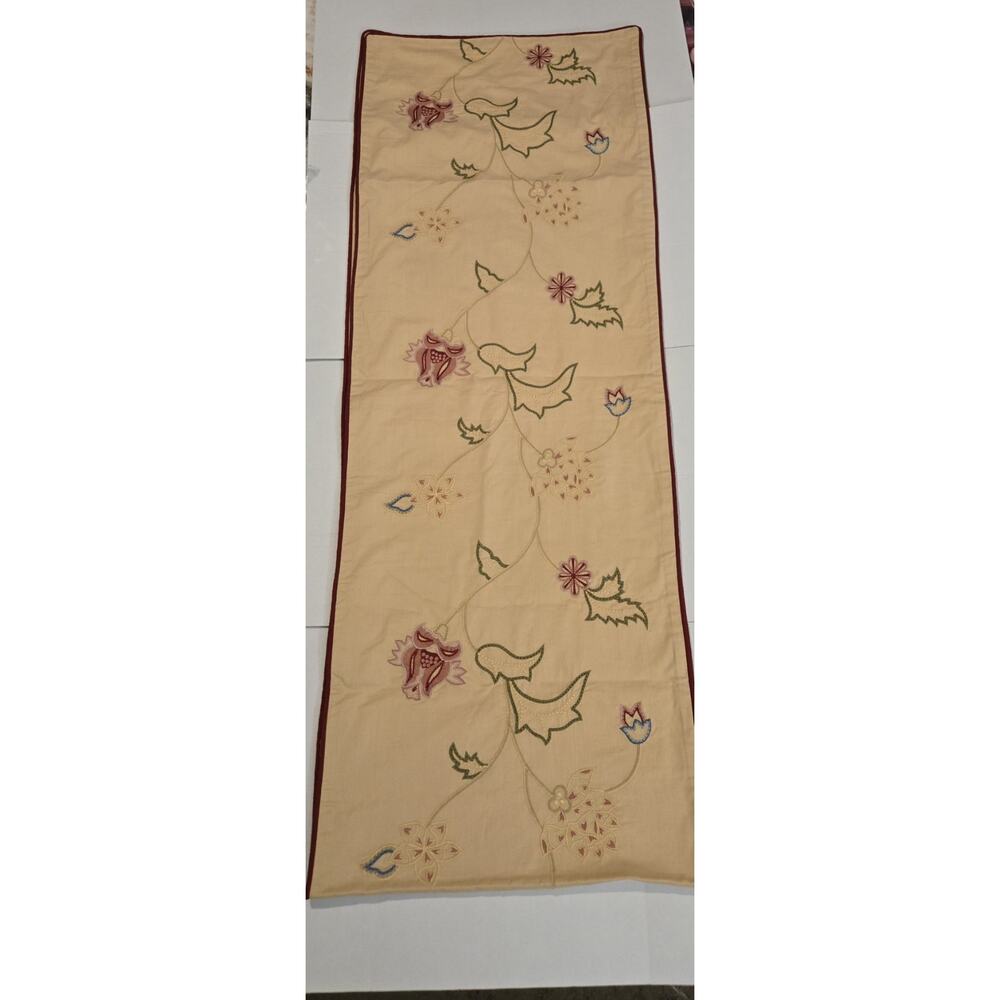 Pottery Barn Table Runner Brown Embroidered Floral Pattern 90+inches
